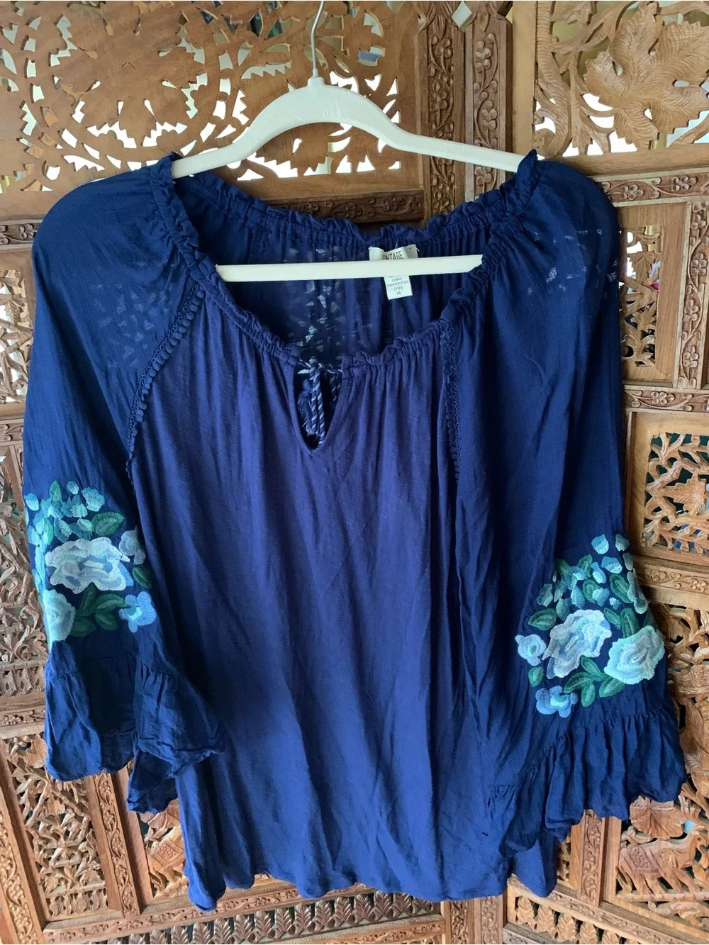 Vintage America Navy Blue Embroidered Floral Peasant Blouse